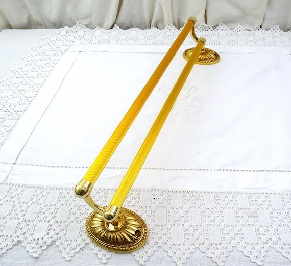 Large Double French Vintage Gold Tone Metal Bathroom Towel Rack, Retro Chateau Chic Bathroom Accessory France, Hollywood Regency Bathroom