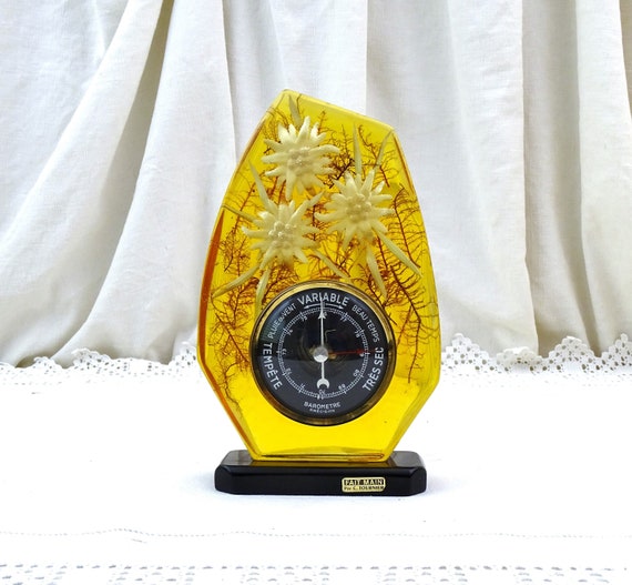 1960s / 1970s Vintage Alpine French Yellow Clear Resin with Edelweiss Flower and Mountain Moss Enclosed Free Standing Barometer Made by Hand