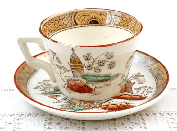 French Antique Ceramic Japonisme Style Coffee Cup and Saucer by Badonviller, Late 1800s Tea Cup and Saucer from France, 19th Century Home