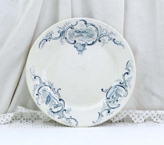 Antique French Ironware Plate with Bird Transferware Pattern made by CM &C Model Taiti, Old Ironstone Crockery from France, Farmhouse Decor
