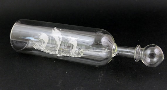 Vintage Hand Made Clear Glass Bottle with Sailing Ship Inside, Retro Curio Old Style Galion Figurine, Sea Side Ocean Home Decor Gift