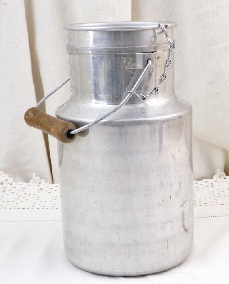 French Vintage Metal Milk Pail with Wooden Handle and Lid Etsy