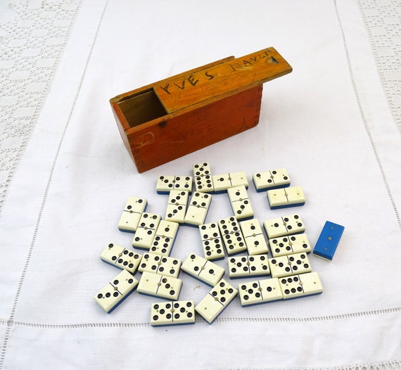 Vintage French Blue and White Dominoes Set in Wooden Box, Retro Boxed Tile Table Game from France, 1930s Old Style Brocante Flea Market