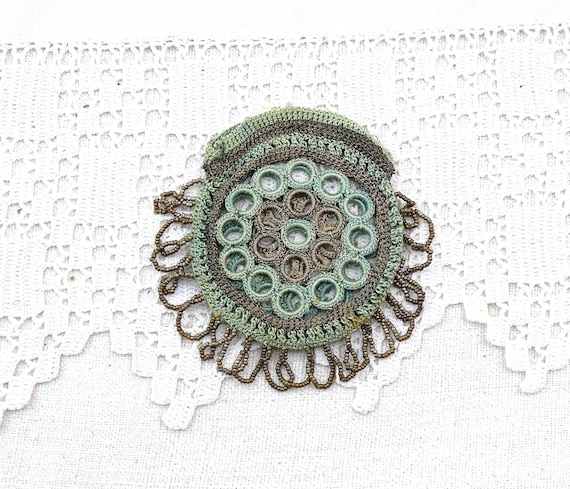 Small Antique French Macramé Pouch in Pale Turquoise Silk and Silver Yarns with Silver Beads, Handmade Ladies Coin Purse from France