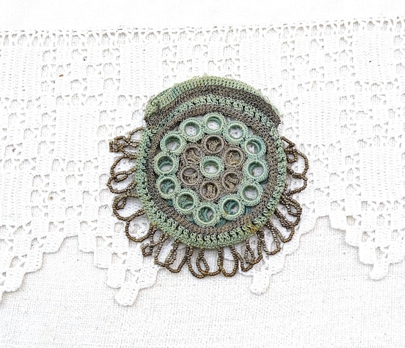 Small Antique French Macramé Pouch in Pale Turquoise Silk and Silver Yarns with Silver Beads, Handmade Ladies Coin Purse from France