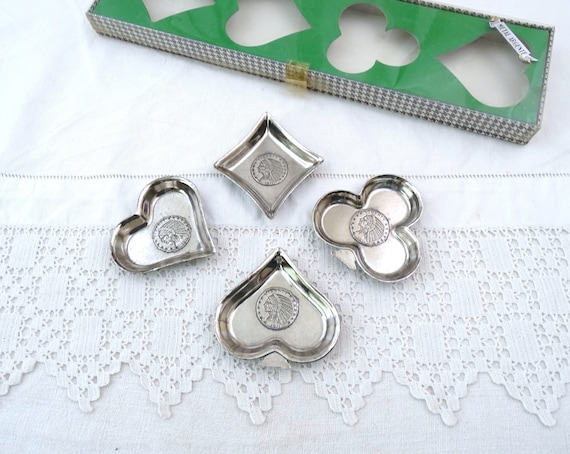 Vintage Set of 4 Small Silver Plated Ashtrays / Trinket Dishes in Playing Card Pips in Heart Diamonds Clubs and Spades with 1911 USA Coin