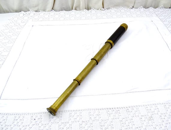 Antique French 19th Century 3 Draw Telescope made of Brass with Black Leather, Vintage Long Spyglass from France, Pirate Looking Accessory