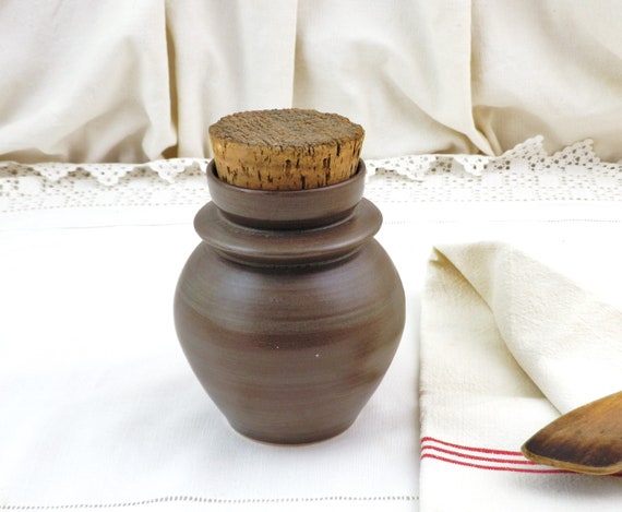 French Vintage Brown Glazed Ceramic Jar with Cork Stopper Stamped Sapporo Fait Main, Retro Kitchen Storage Pot, Country Farmhouse Decor