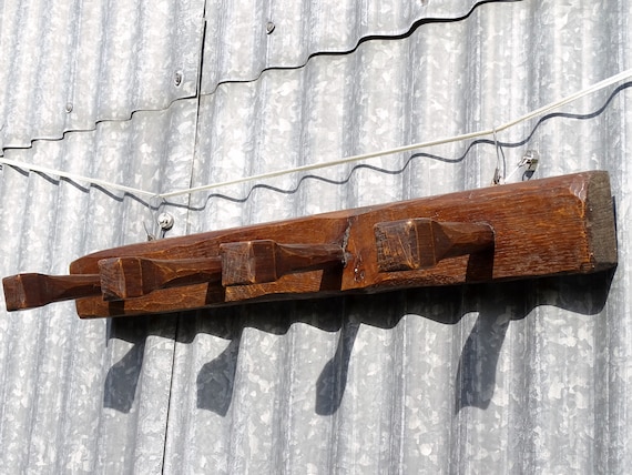 Vintage French Chunky Brutalist Oak Wood Wall Mounted 4 Hook Coat Rack, Large Retro Primitive Rustic Neo Rural Wooden Bathroom Hanging