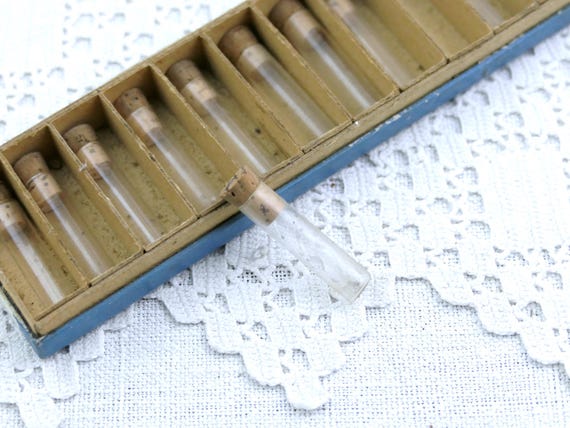12 Small French Tiny Vintage Glass Vials for Watch Parts with Card Storage Box, Little Jars with Cork Stoppers, Retro Upcycled Jewelry Parts