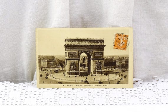 French Antique Sepia Black and White Postcard of the Arc de Triomphe at the Champs Elysee in Paris, Retro Parisian Monument Vacation