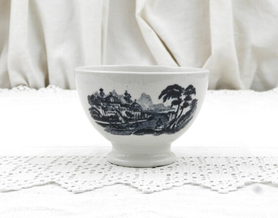 Small Antique French Transferware White Pottery Coffee Bowl with Dark Blue Oriental Inspired Scene, Country Farmhouse Shabby Kitchen Decor