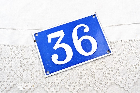 Vintage Traditional French Light Blue and White Enamel Metal House Number Plaque 36, Retro Porcelain Street Enameled Address Sign France