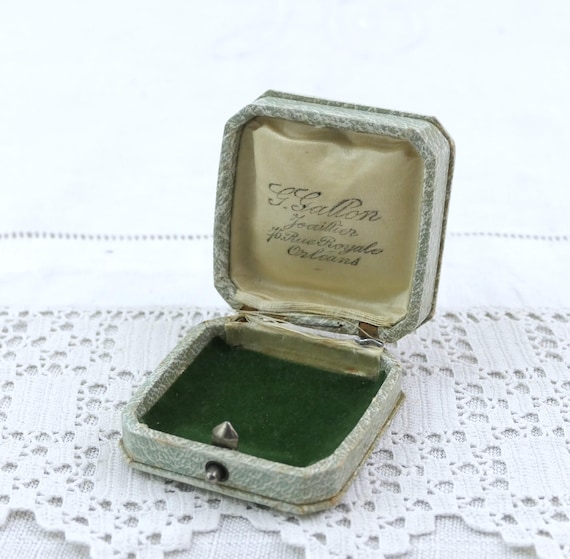 Distressed Vintage French Square Jewelry Presentation Box by E G Vallon Joaillier 75 Rue Royale Orléans with Green Velvet Interior