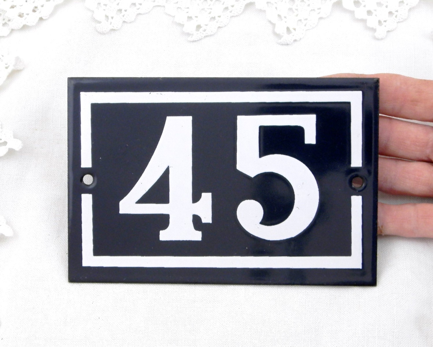 Vintage Traditional French Enamel House Number Plate Number 45 in Dark Blue with White Colored