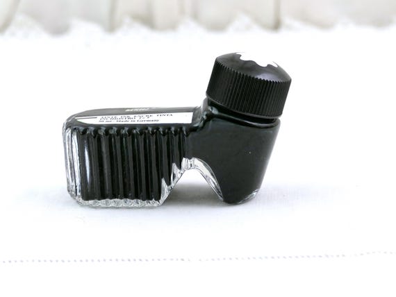 Vintage Montblanc Shoe Shaped Glass Ink Bottle with Ribbed Body and Half Full Black Fountain Pen Ink, Retrp Writing Accessory from Germany
