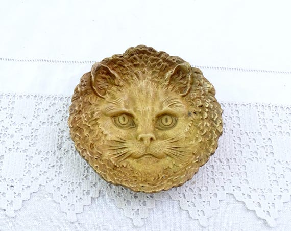 Vintage French Zoomorphic Bronze Trinket Dish with a Pussy Cat Face, Retro Kitty Themed Home Decor, Cat Lovers Gift of Golden Tone Metal