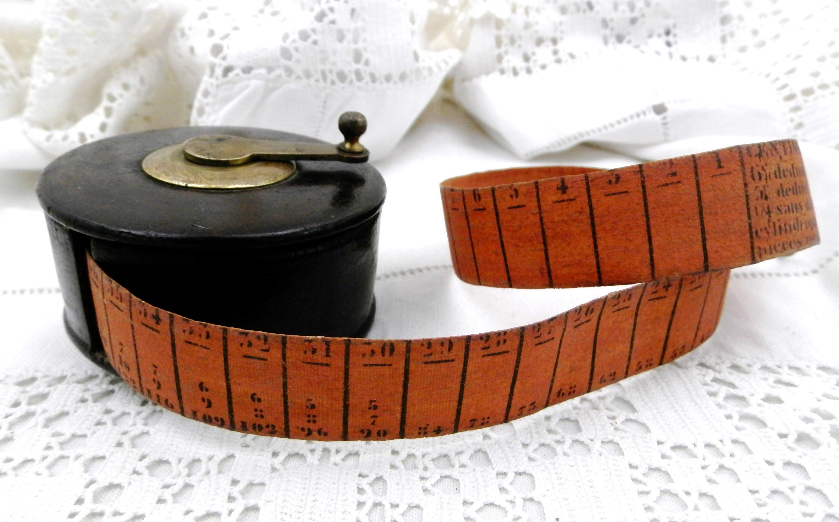 Antique Early 1900s Leather Bound 5 Meters Retractable Tape Measure