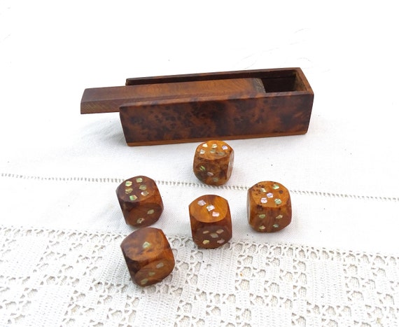 Vintage Set of 5 Thuya Wood Dice with Mother of Pearl in Box with Sliding Lid, Retro Dice Game Accessory in Lovely Wooden Box, Simple Life