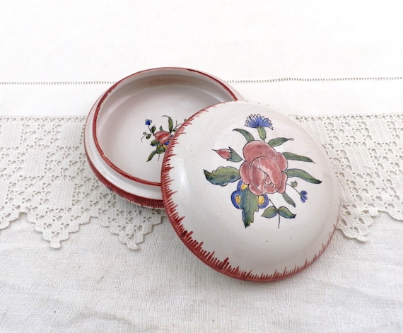 French Vintage Hand Painted Ceramic Powder Box by Emile Tessier from Mailcorne sur Sarthe With Rose Pattern, Pottery Bonbonnière from France