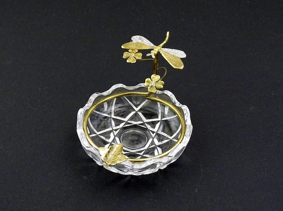 Vintage Clear Cut Crystal Glass Ashtray Gold Tone Dragon Fly and Leaf, Retro Chic Trinket Dish with Insect and Flowers, Hollywood Regency