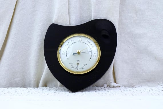 Small Mid Century Vintage Wall Mounted French Weather Barometer with Black Lucite Frame, Retro 1950s Meteorological Devise from France