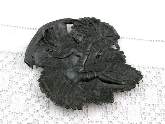 Antique Signed Rousseau Art Nouveau Metal Plaque with Reclining Nude Woman Grape Leaves Grapes Botanical Relief Vintage Wall Decoration
