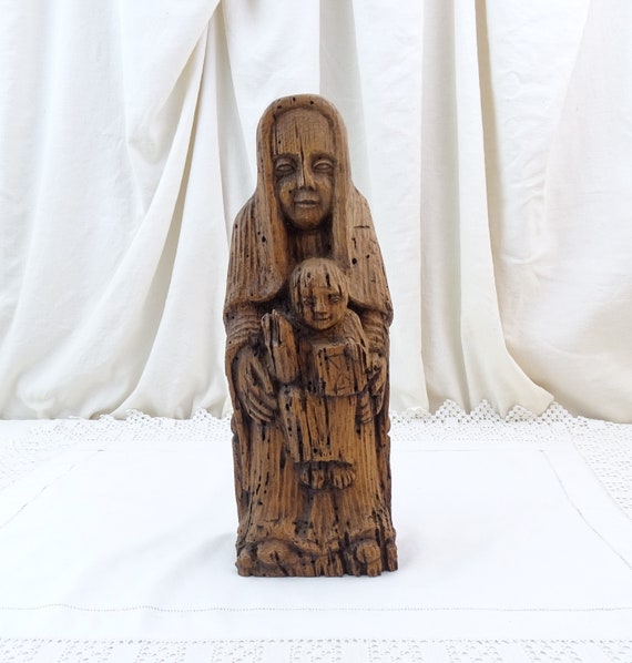 Vintage French Reproduction of 12 Century Wooden Carved Virgin Mary and Child Statue, Retro Religious Historical Sculpture from France