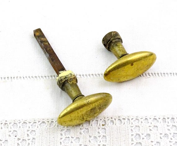 Pair of Small Oval Antique French Brass Door Handles, Retro Door Accessories from France, Parisian Brocante Decor, Vintage Home Fixtures