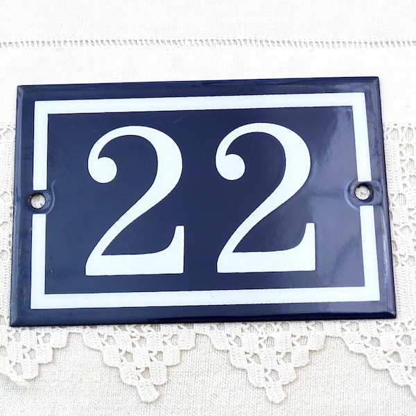 French Antique Porcelain Enamel Metal House Sign Blue and White Number 22, Enamelware Street Home Traditional Address Sign, Home Plaque