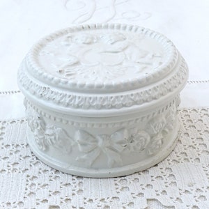 Antique French White Glazed Powder Pot with Classical Cherub Roses and Ribbon Pattern, Vintage Ceramic Bonbonnière Romantic Angels Design image 2