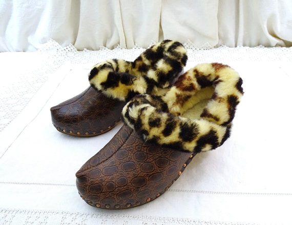 Vintage French Unused Decorative Wooden and Leather Clogs with Fur Lining Copper Tacks, Retro 1950s Rustic Chic Footwear, Collectible Shoes