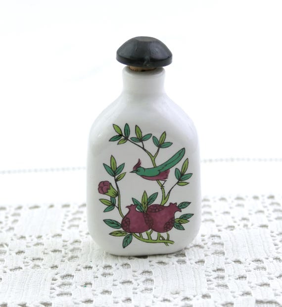 Small Vintage French Porcelain Perfume Bottle with Stylized 1960s Scandinavian Style Pattern Promotional Gift from Yves Rocher