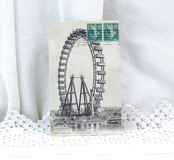 French Antique Black and White Postcard of the Big Wheel in Paris Posted in 1912 with 2 Green Stamps, Retro Steampunk Home Decor from France