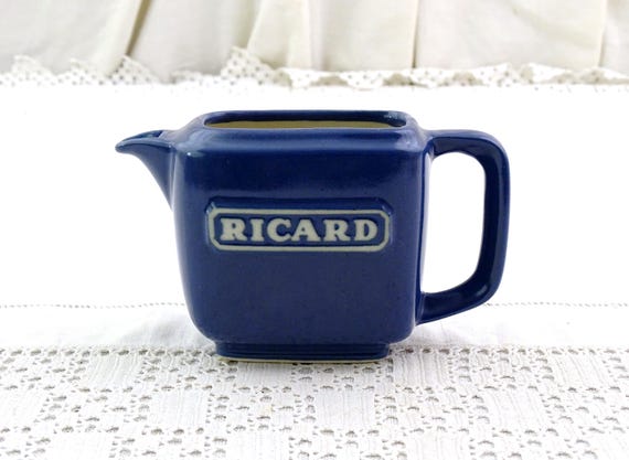 Small Mini Promotional Pitcher for Ricard Drink Blue Glazed China, Retro Tiny Aperitif Drink Jug from France, Miniature Advertising Barware