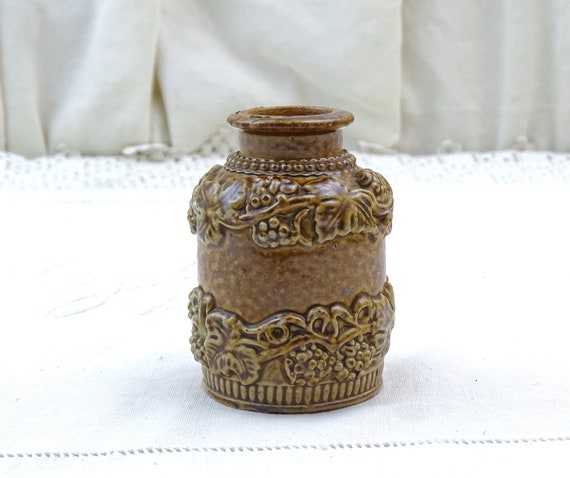 Small Antique French Earthenware Pottery Bottle with Salt Glaze and Leaf and Grape Embossed Pattern, Vintage Ink Bottle France, Bud Vase