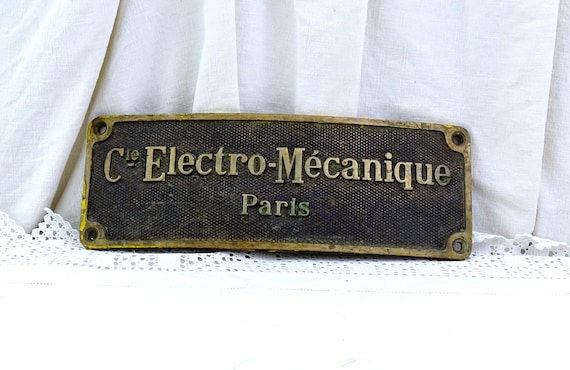 Large Antique French Bronze Plaque Curved with Embossed Letters for Cie Electro Technique Paris, Retro Victorian Industrial Parisian Decor