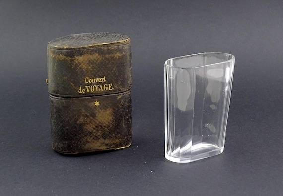 Small Antique French Traveling Drinking Glass Tumbler in Black Leather Case with Gold Lettering, Victorian Pocket Picnic Curiosity