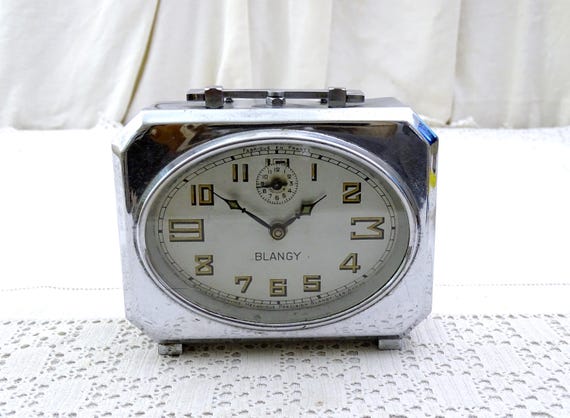 Antique Working Blangy Art Deco 1930s Rectangular Chrome Wind Up Mechanical Mantle Clock from France, French Old Clock 30s Metal Time Piece