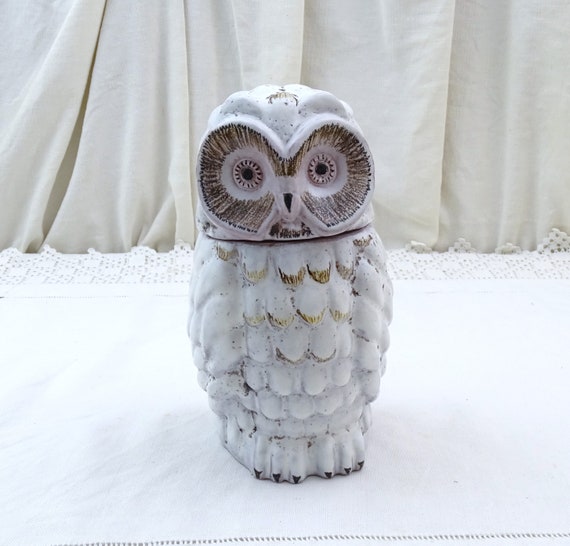 Vintage Mid Century Studio Pottery Owl Cookie Jar Signed DP in White Glazed Earthenware from France, Retro Ceramic Night Bird Container