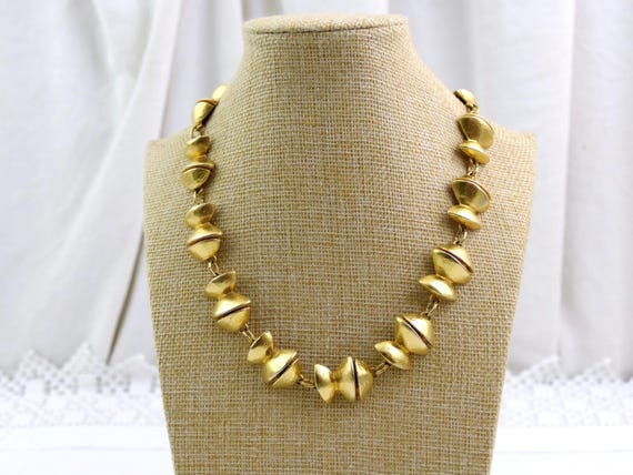 Vintage French Gold Tone Metal Chunky Brutalist Tribal Style Costume Jewelry Necklace, Designer Influenced Haute Couture Accessories Paris