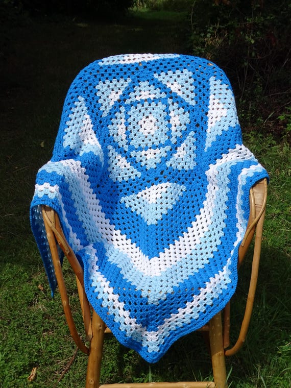 Vintage French Crocheted Blue and White Striped Woolen Blanket, Crochet Afghan Throw Simple Colored Wool, Boho Granny Square Bed Spread