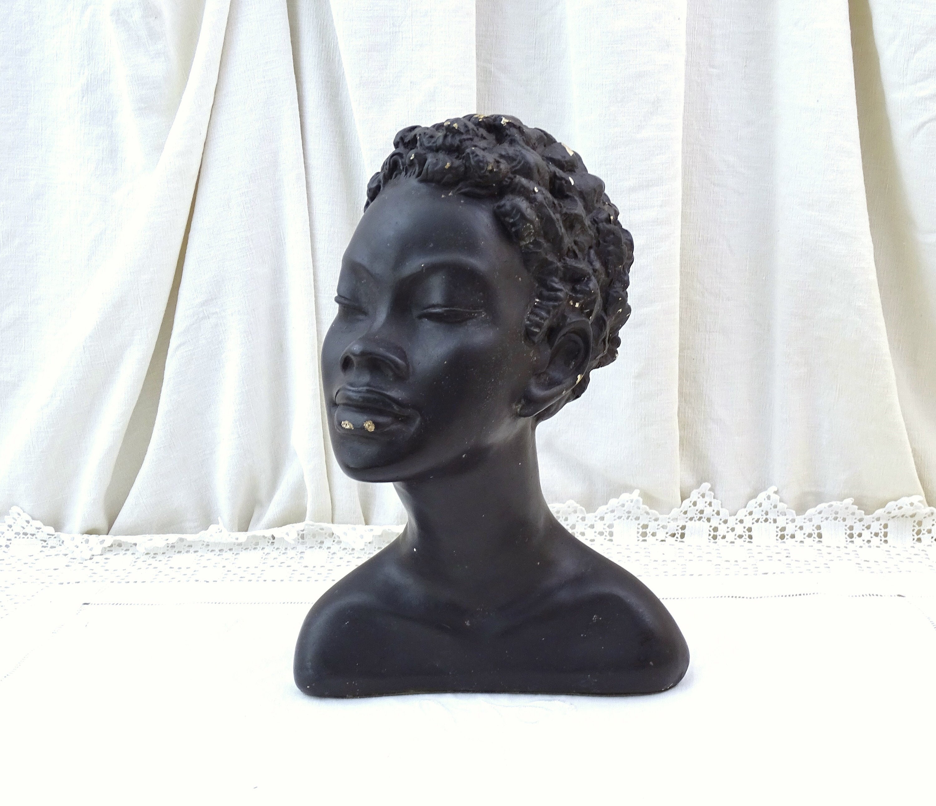 Large Vintage Italian 1960s Plaster Bust of Beautiful Black Woman by