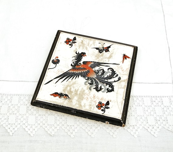 Antique French 19 th Century Square Ceramic Luneville KG Hot Mat / Trivet / Heat Plate with a Black Dragon Pattern, Paris Brocante Decor