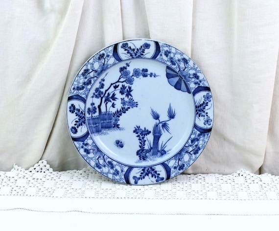 Antique Creil & Montereau 19th Century Plate with Blue Japanese Inspired Design Monet Range, Retro 1800s White Pottery Dish France.