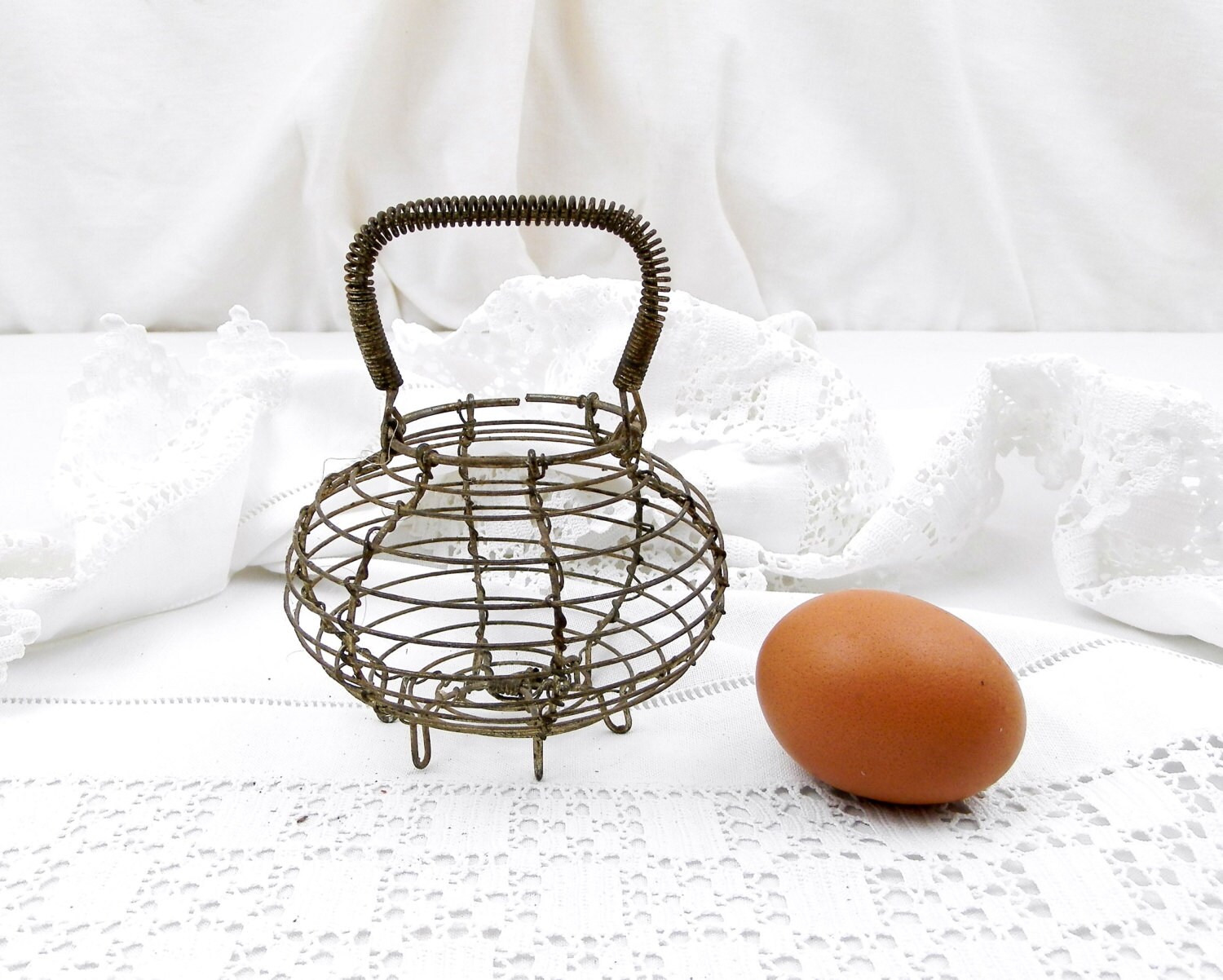 Vintage French Toy Wire Ware Egg Basket, Miniature Salad Strainer