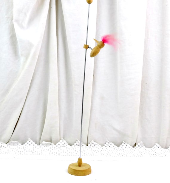 Vintage 1980s Wooden Woodpecker Pecking Toy with Pink Feathers  on a Pole, Retro Mid Century Fun Desk Top Spring Activated Moving Bird Toy