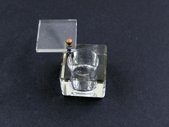 Antique Small Clear Glass Cube Inkwell with Swivel Lid, Retro Square See Through Glassware Writing Accessory with Rotating Top from France