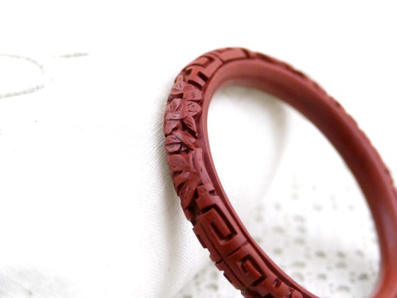 Vintage Red Cinnabar Flower Carved Bangle Bracelet, Retro Hand Made Asian Sculpted Lacquer Jewelry Geometric Floral Pattern from China
