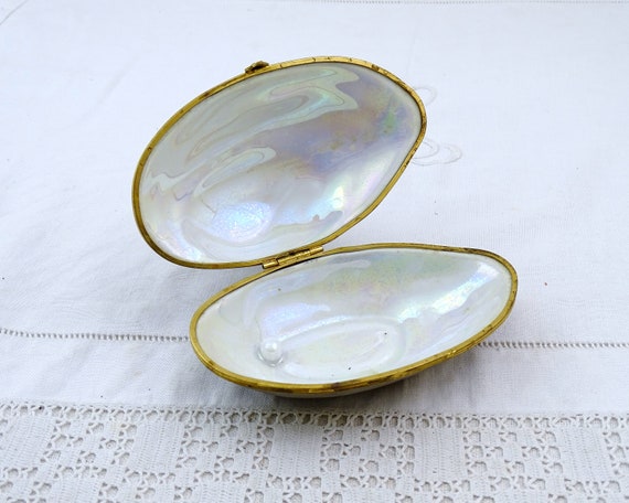 French Vintage Limoges Hand Painted Trinket Box Shaped as a Large Mussel Shell with Pearl Inside, Retro Collectible Porcelain China Sea Side